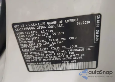 2020 Volkswagen Atlas Cross Sport 3.6L V6 Sel z USA, uszkodzony, nr VIN 1V2ME2CA4LC209620